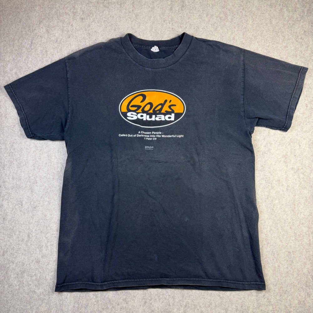 Vintage Gods Squad Christian Graphic T-Shirt Alstyle Faded Black Large
